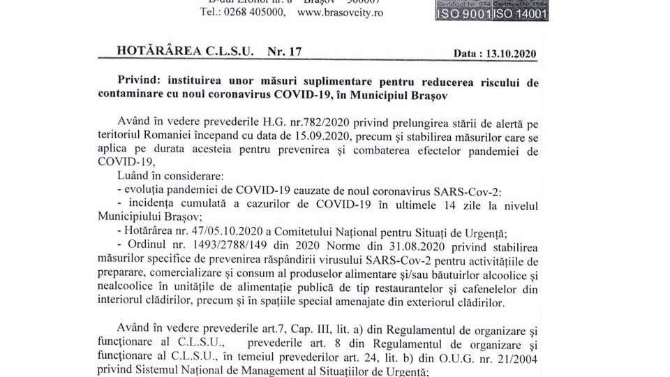 Hotărârea Consiliului Local pentru Situații de Urgență din 13.10.2020 cu privire la instituirea unor măsuri suplimentare pentru reducerea riscului de contaminare cu noul coronavirus, în Municipiul Brașov