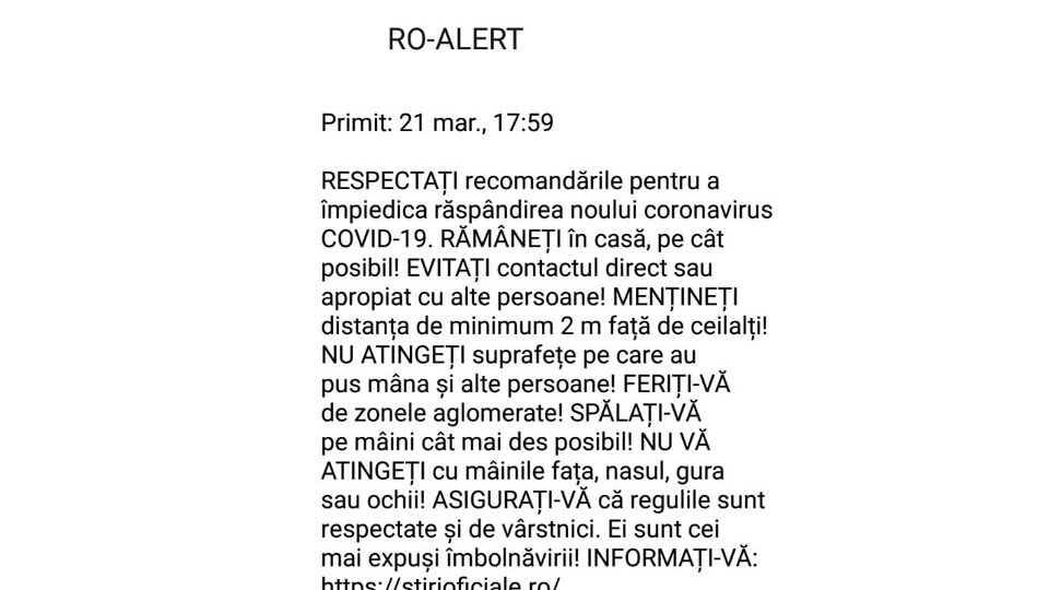 Mesaj RO ALERT pentru a evita îmbolnăvirea cu coronavirus