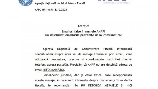 Atenție! emailuri false trimise în numele ANAF