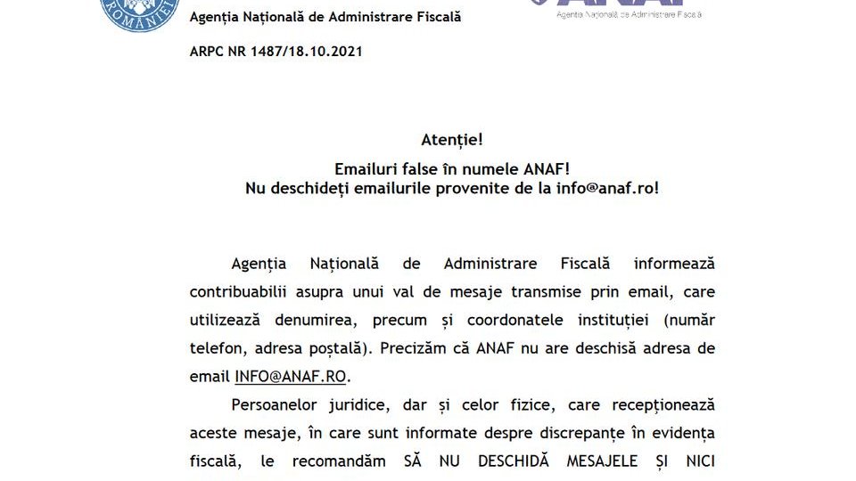 Atenție! emailuri false trimise în numele ANAF