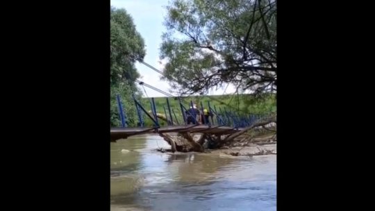 Pompierii au îndepărtat mai mulți arbori care pluteau pe Olt și riscau să rupă puntea pietonală (VIDEO)