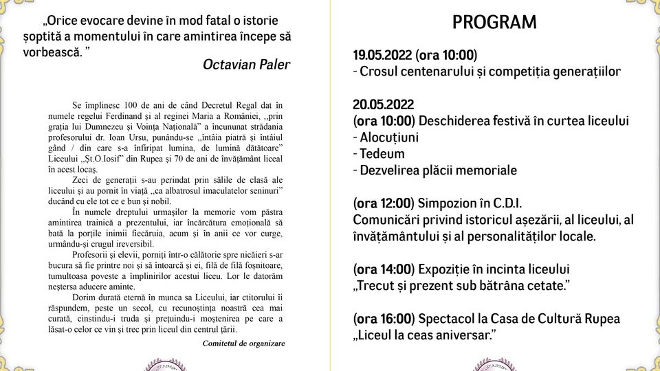 Liceul "Șt.O. Iosif", din Rupea: 100 de ani de la punerea pietrei de temelie și 70 de ani de învățământ liceal