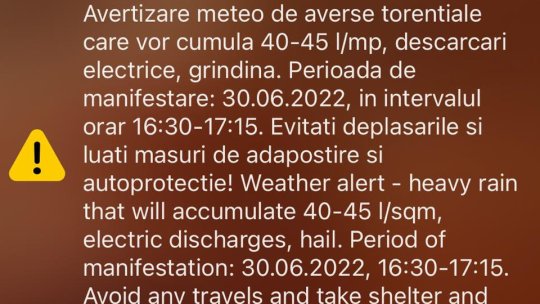 Avertizare meteo de averse torențiale și grindină, la Brașov