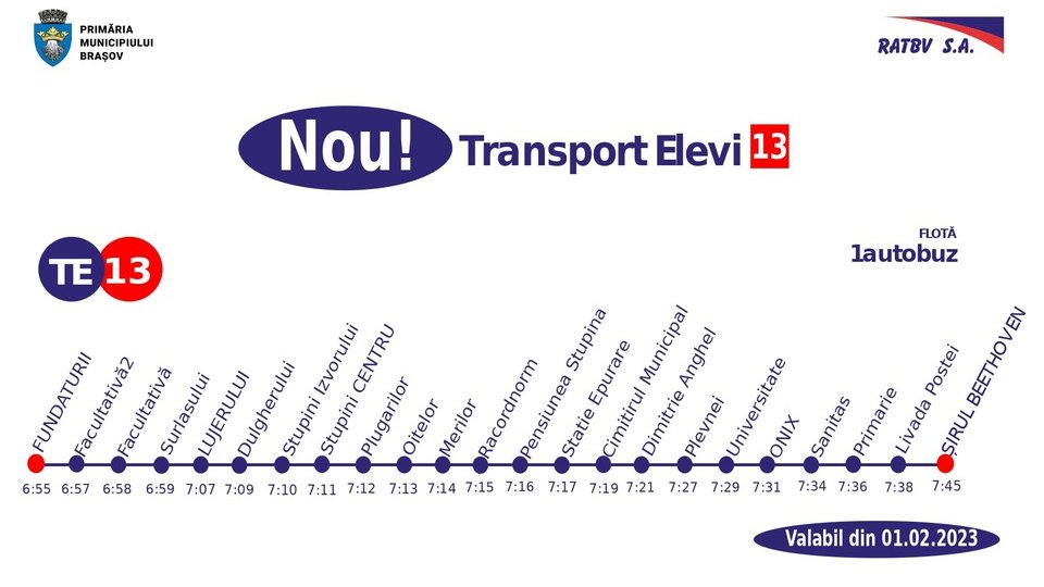 RATBV modifică orarul liniei de transport pentru elevii din Stupini, de mâine
