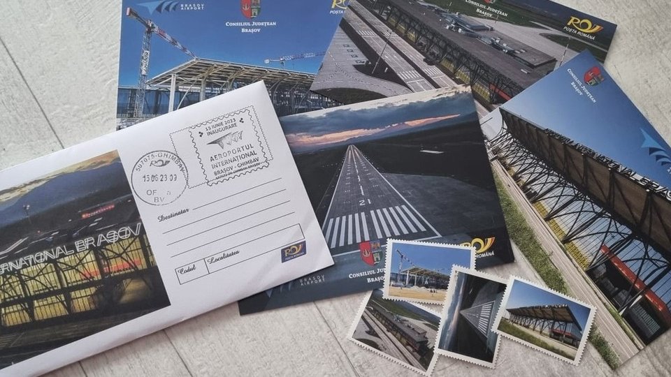 Cărți poștale și timbre de colecție, dedicate inaugurării Aeroportului Internațional Brașov - Ghimbav