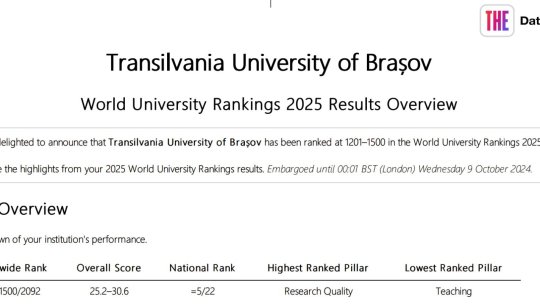 UNITBV – în top 5 universități românești în clasamentul Times Higher Education