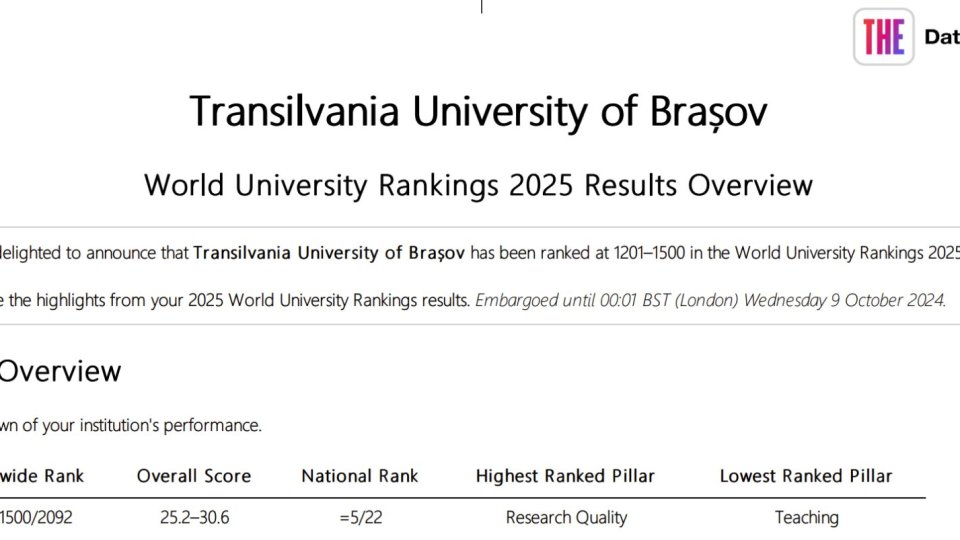 UNITBV – în top 5 universități românești în clasamentul Times Higher Education