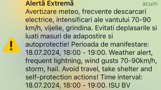 Avertizare Ro-Alert de vreme extremă