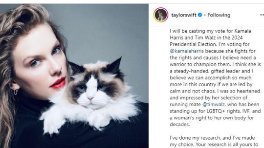 Taylor Swift a anunţat cu cine va vota la alegerile prezidențiale din SUA
