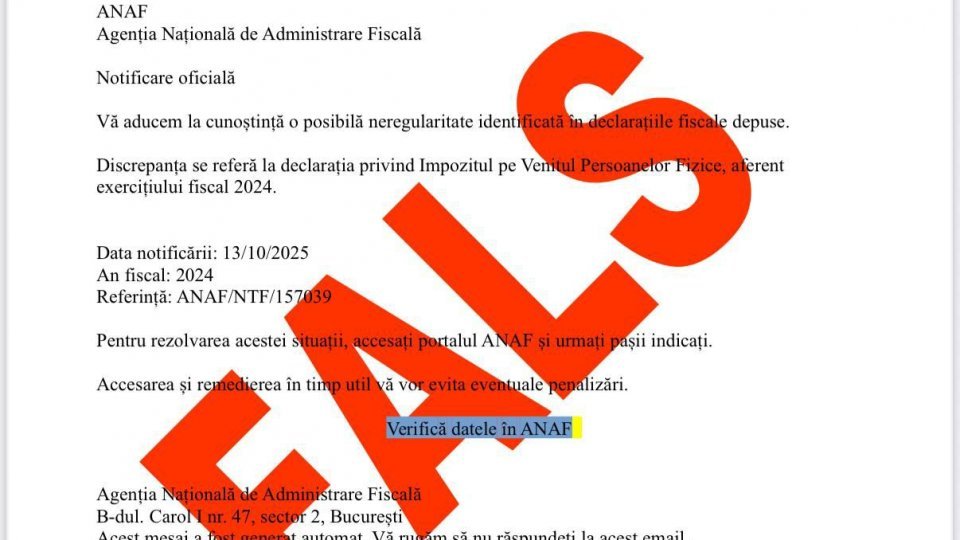 ANAF: Campanie de emailuri false transmise în numele instituţiei