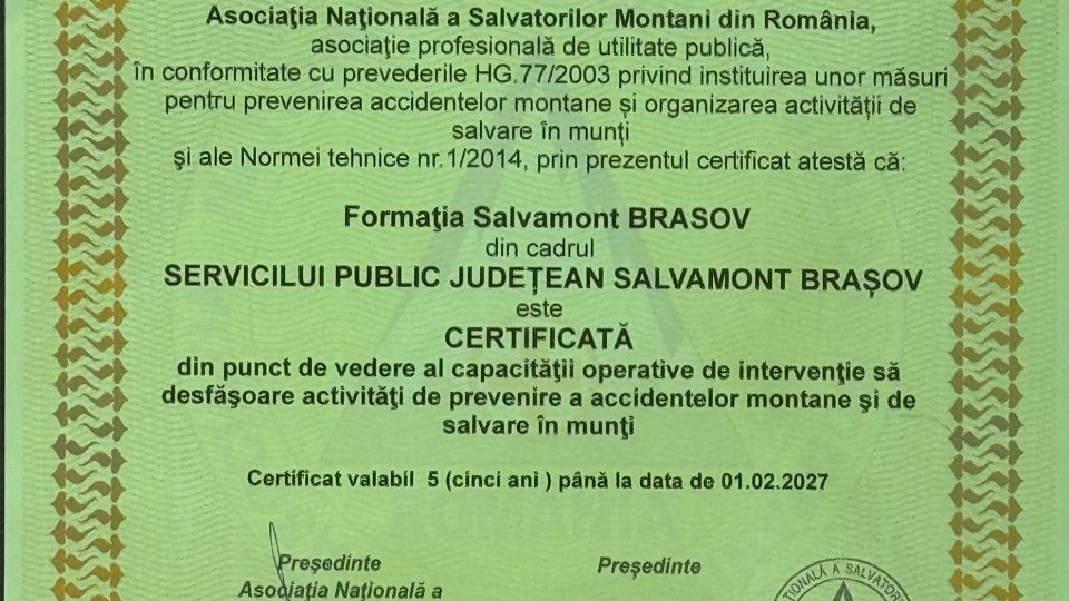 O nouă acreditare pentru Serviciul Public Județean Salvamont – Salvaspeo Brașov