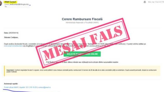 ANAF atenționează contribuabilii cu privire la o nouă campanie de e-mailuri false