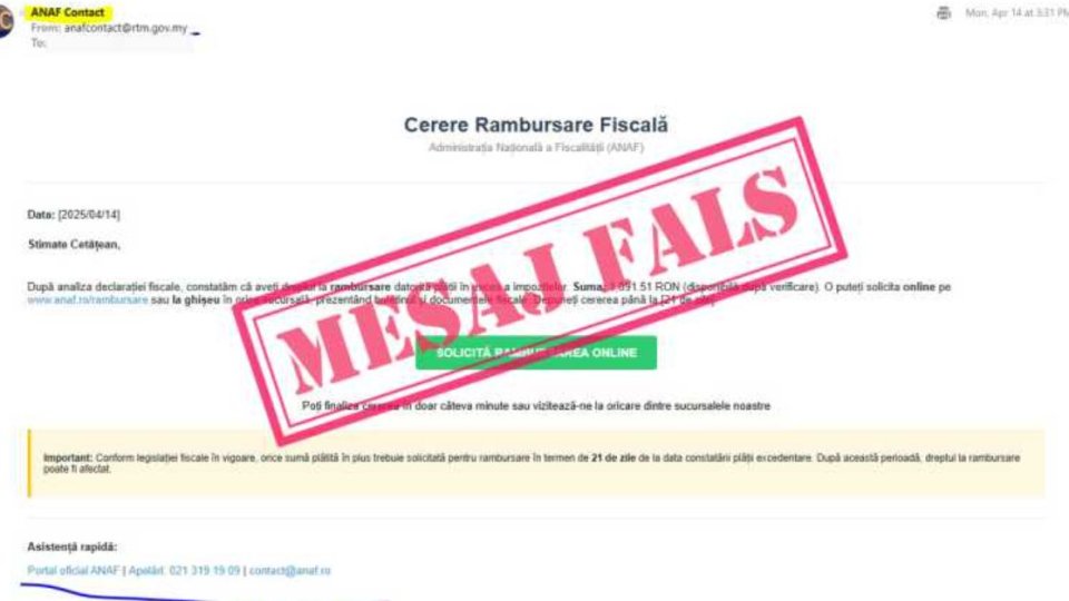 ANAF atenționează contribuabilii cu privire la o nouă campanie de e-mailuri false