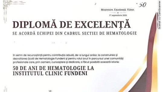 Diplomă de excelenţă pentru Secția Hematologie a Spitalului Județean Brașov din partea Societății Române de Hematologie