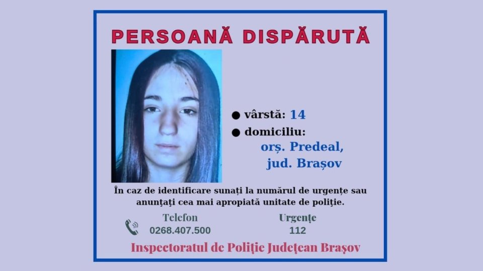 Copilă de 14 ani din Predeal, dată dispărută