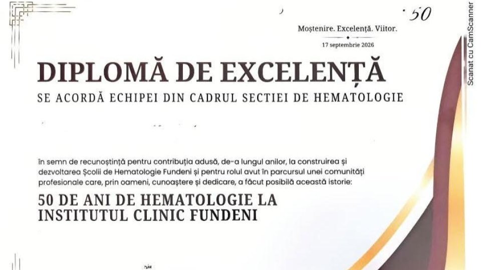 Diplomă de excelenţă pentru Secția Hematologie a Spitalului Județean Brașov din partea Societății Române de Hematologie