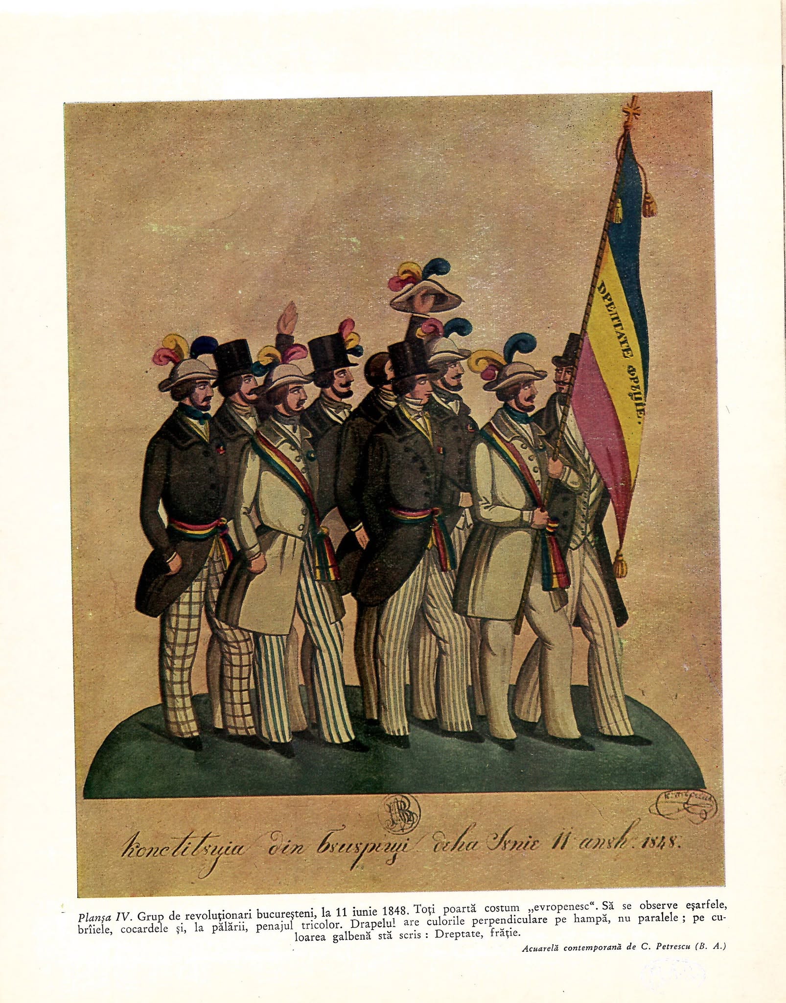 Grup de revoluționari bucureșteni la 11 iunie 1848 - acuarelă de C. Petrescu /